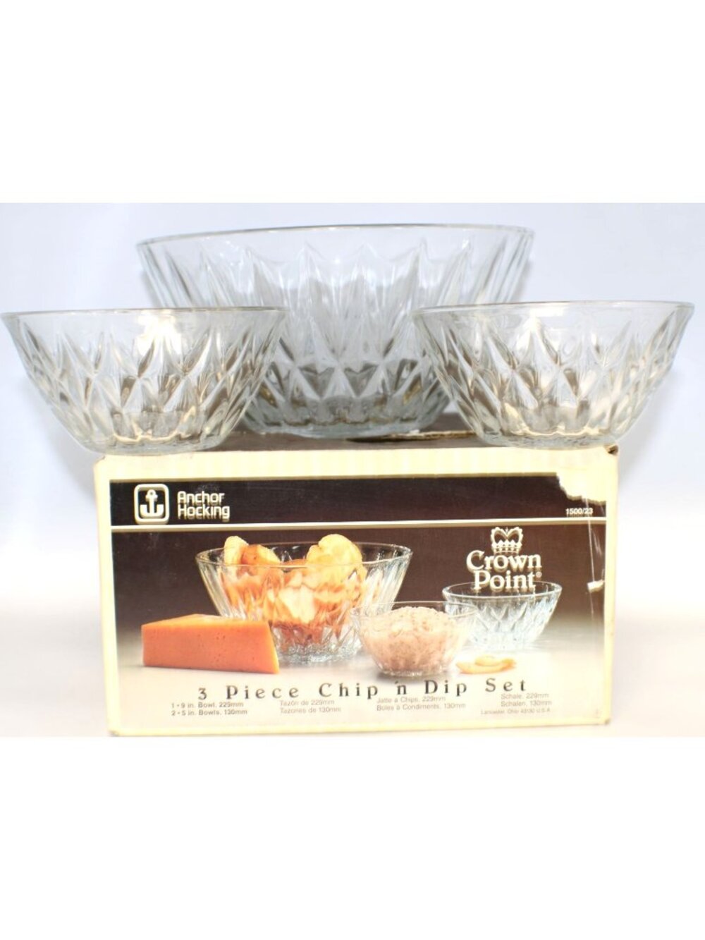 Anchor Hocking 3-Pc Chip And Dip Set 9" Bowl Two 5" Bowls Clear Glass Vintage